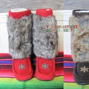 BARBO BOOTS LADIES FAUX SUEDE & FAUX FUR BOOT RED & BLACK